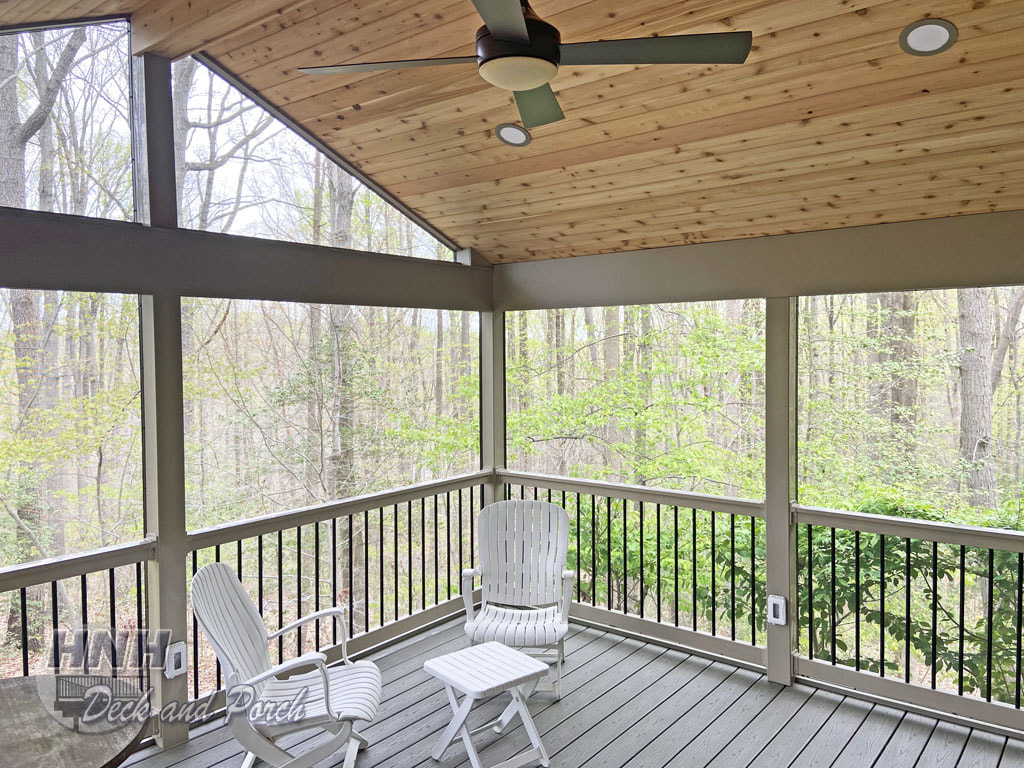 Screened porch with cedar ceiling and recessed lighting