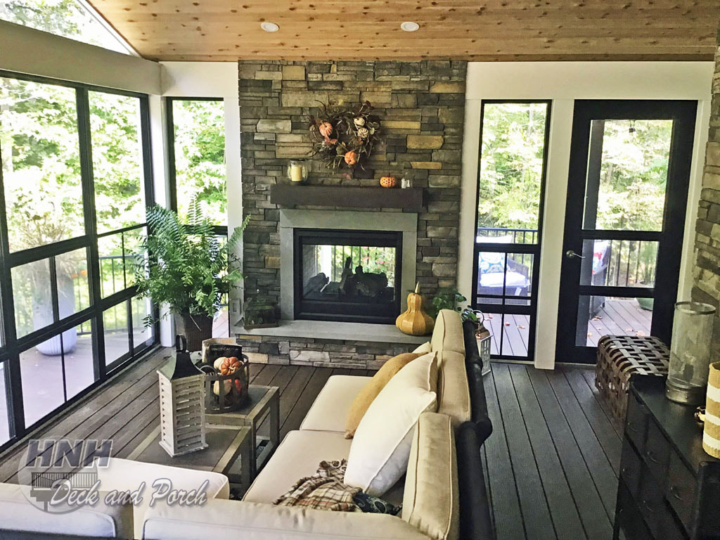 3 season room with twilight gas fireplace